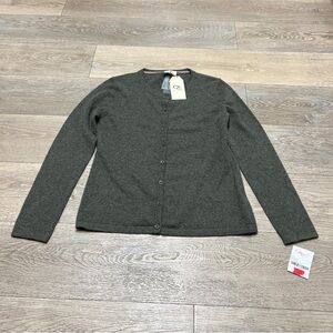 New Qi Cashmere Gray Green Crewneck Button Front Cardigan Size Large NWT